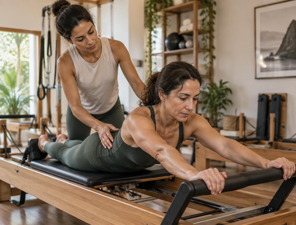 Profissional acompanha aluna durante exercício no reformer